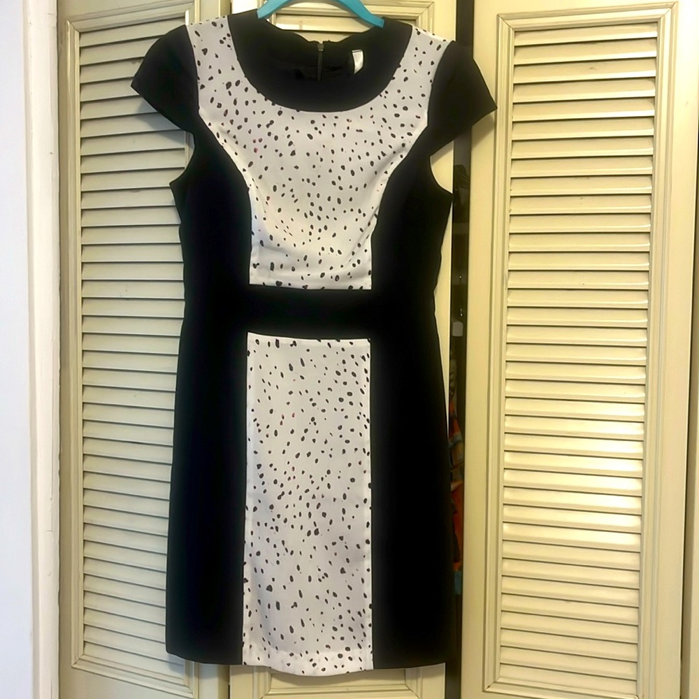 Kensie dress- blank and white color block, pink and purple accents in the spots